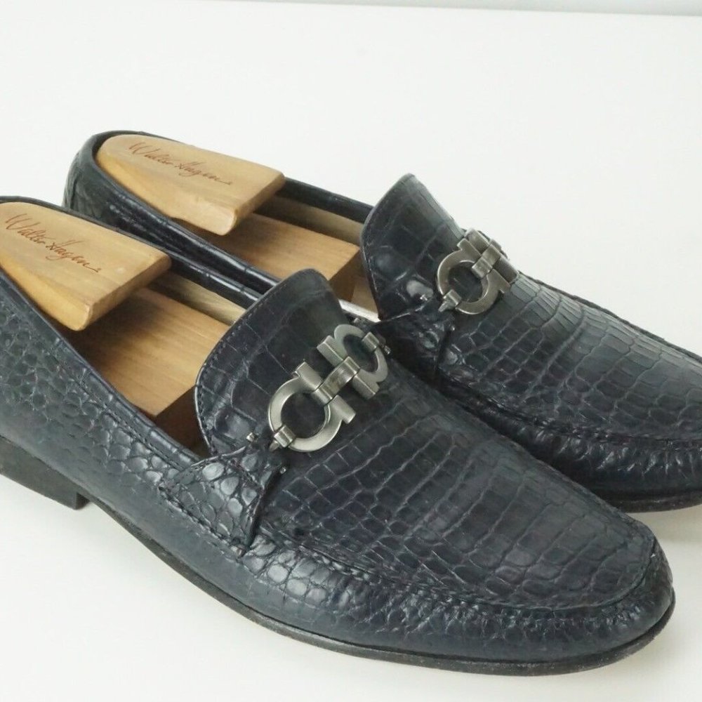 Salvatore Ferragamo Blue Horsebit Gancini Crocodile Alligator Loafers Shoes 10EE